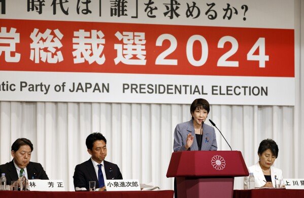 Japan's Economic Security Minister Sanae Takaichi, second right, a candidate of Japan's ruling Liberal Democratic Party (LDP) presidential election, speaks during a joint news conference at the party's headquarters in Tokyo Friday, Sept. 13, 2024. (Franck Robichon/Pool Photo via AP)